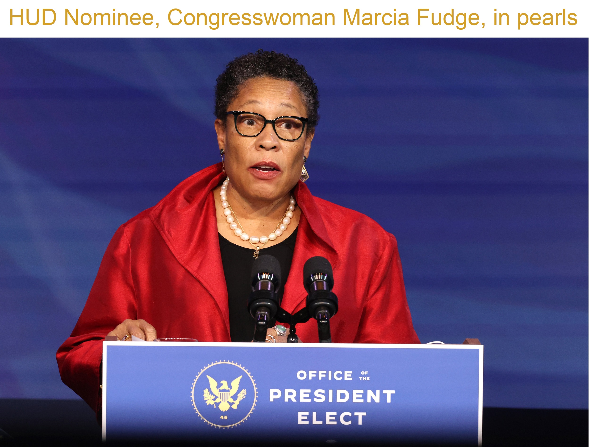 Hud Nominee, Congresswoman Marcia Fudge, in pearls. Jane Gordon Jewelry