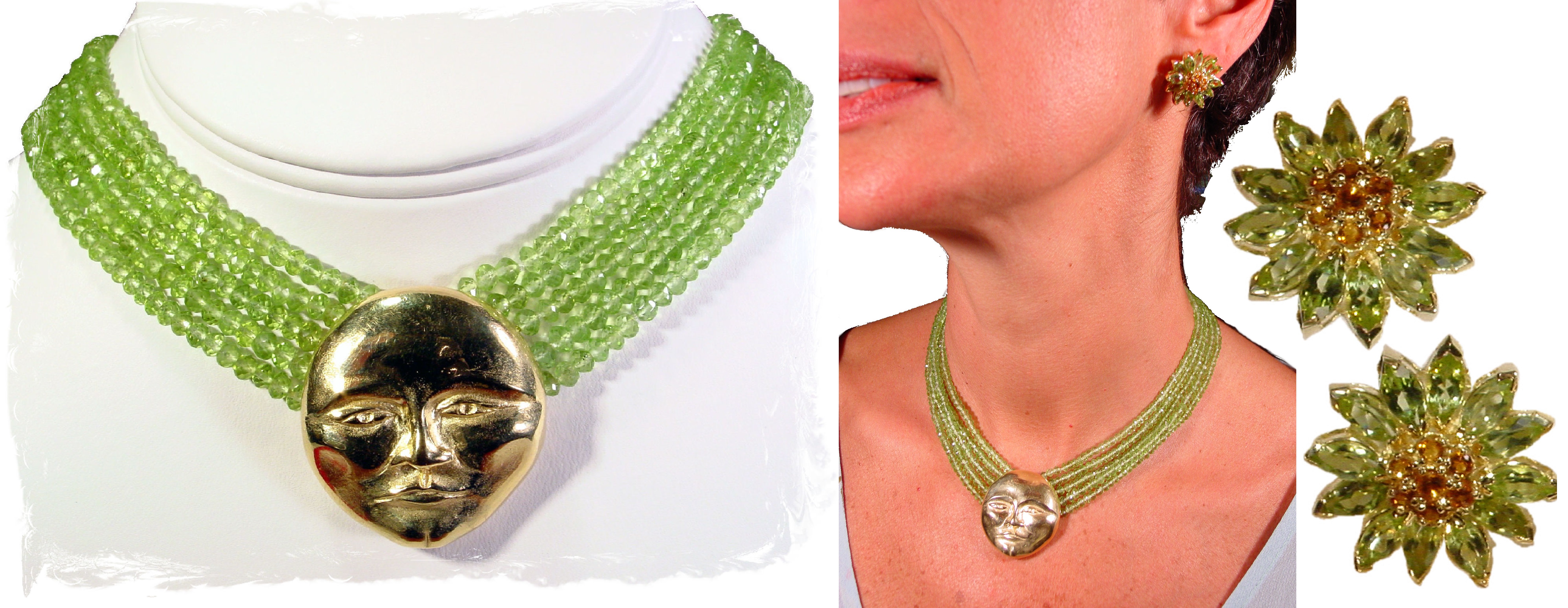 Sun/Moon on Multi-Strand Peridot Necklace-Daisy Earrings-Jane Gordon Jewlery