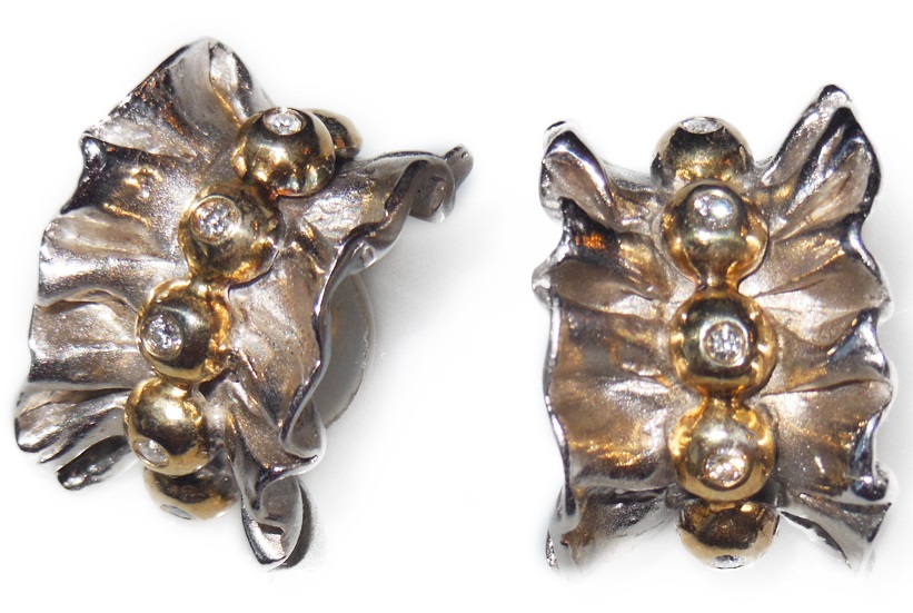 Ruffle Huggie Earrings- Sterling, gold and diamonds