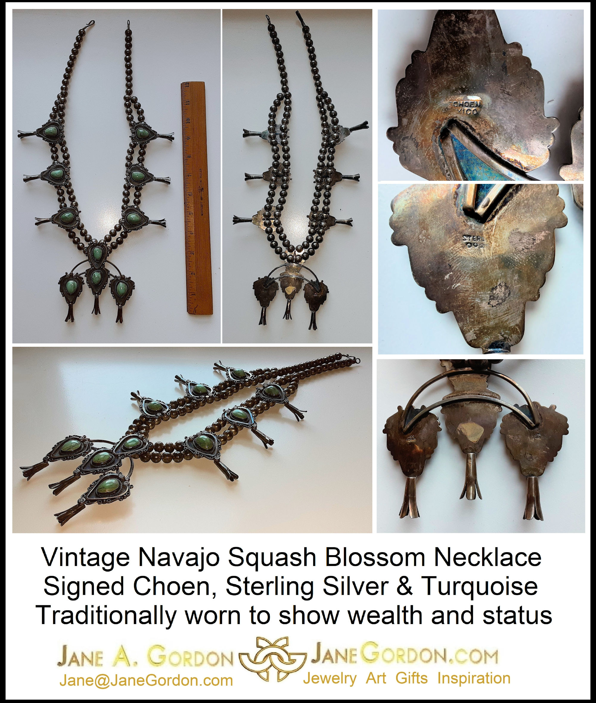 Vintage Navajo Squash Blossom Necklace Sterling Silver and Turquoise-Signed CHOEN-Jane Gordon Jewelry